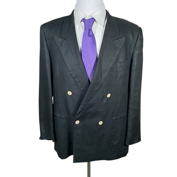 Alfani 100% Linen Double Breasted Blazer Men's 43R Black Sport Coat Peak Lapel
